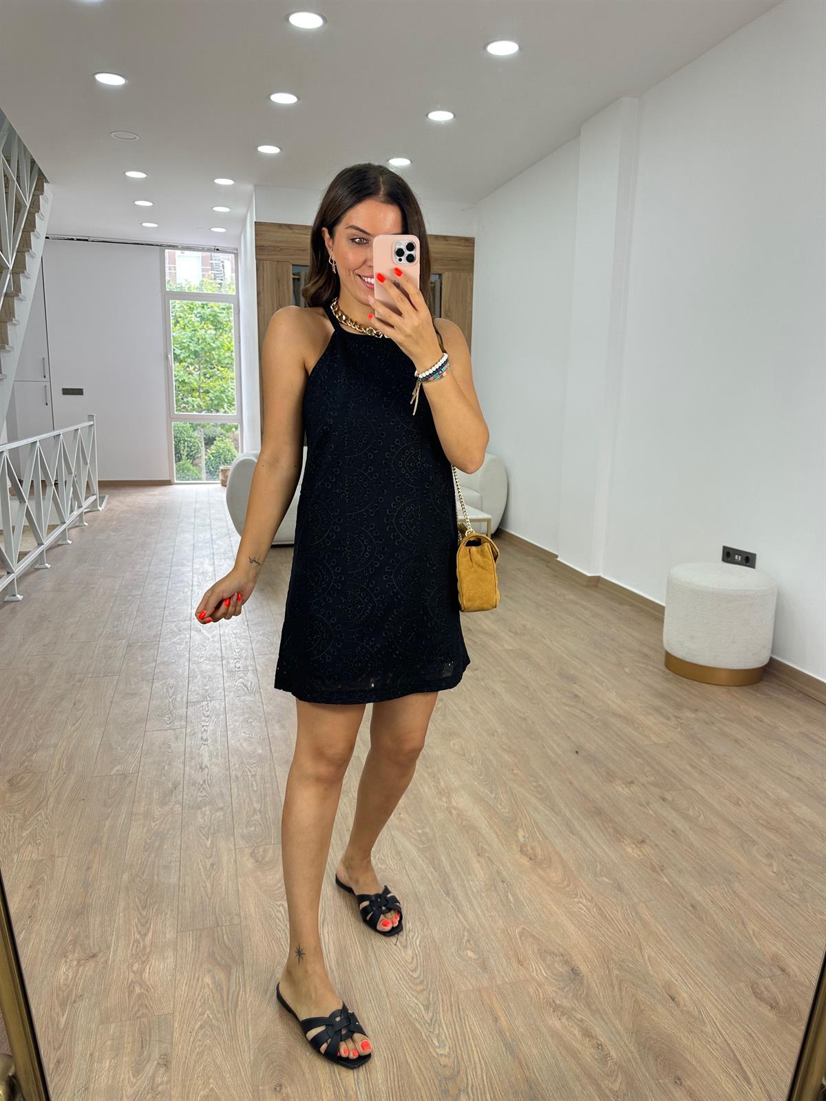 %100 Pamuk Astarlı Fisto Elbise-Siyah