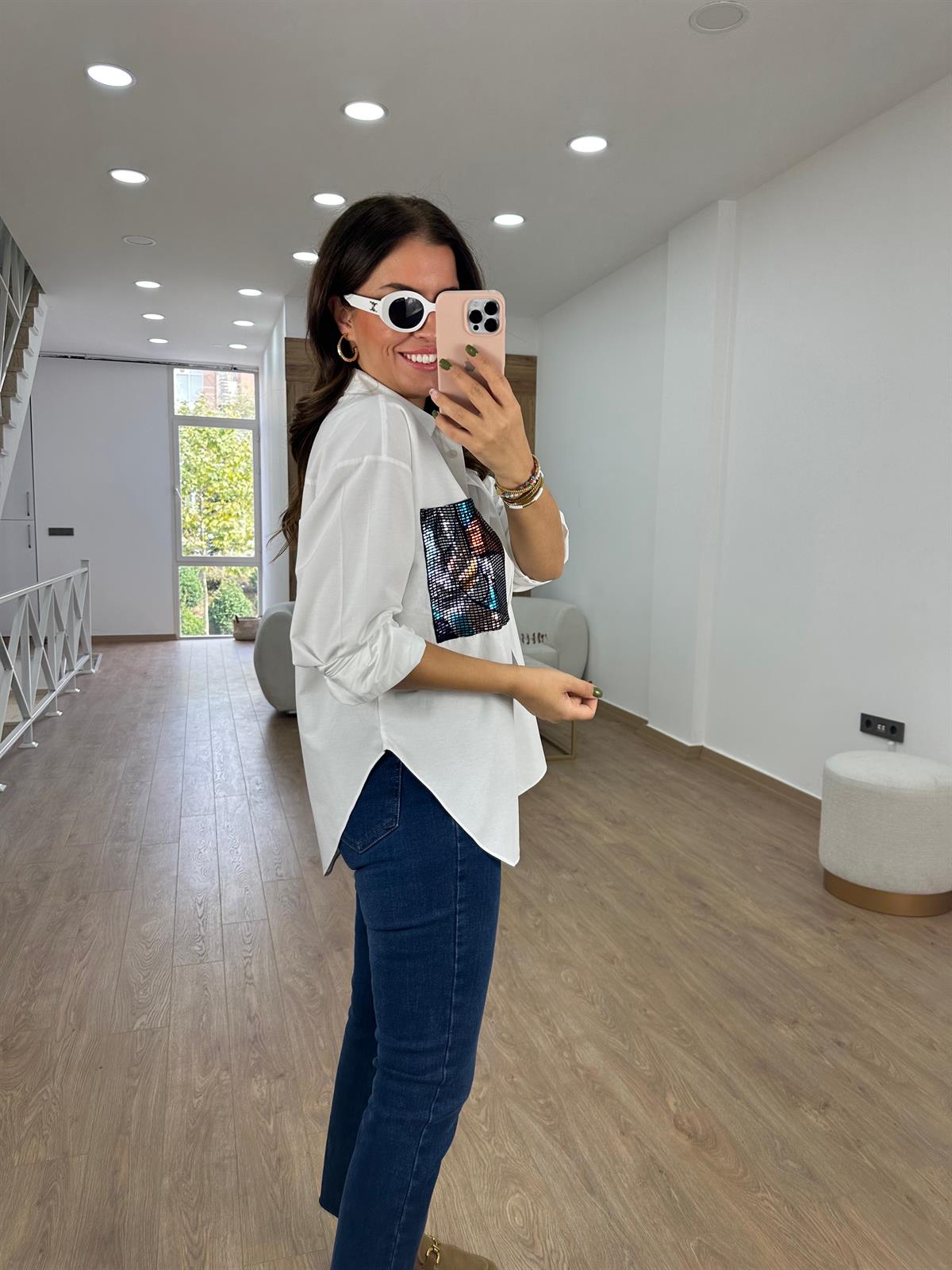 %100 Pamuk Cebi Payetli Salaş Gömlek