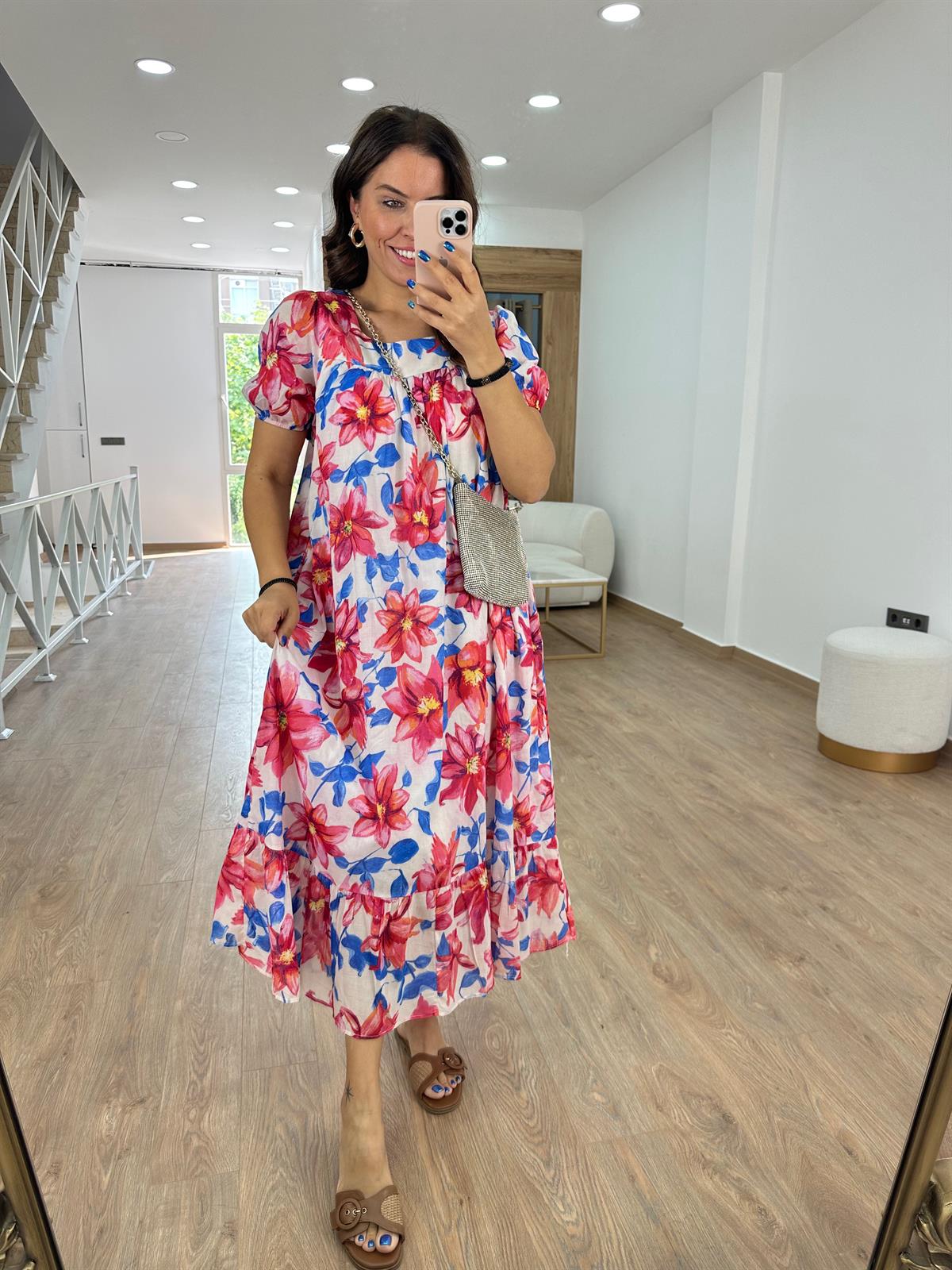 %100 Pamuk Çiçekli Salaş Elbise 