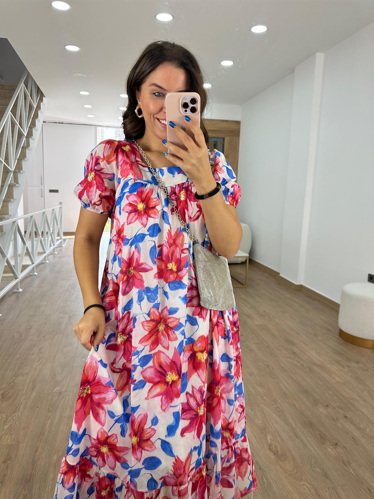 %100 Pamuk Çiçekli Salaş Elbise 