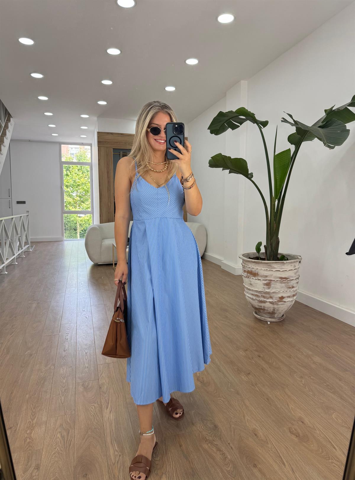 %100 Pamuk Çizgili Poplin Elbise