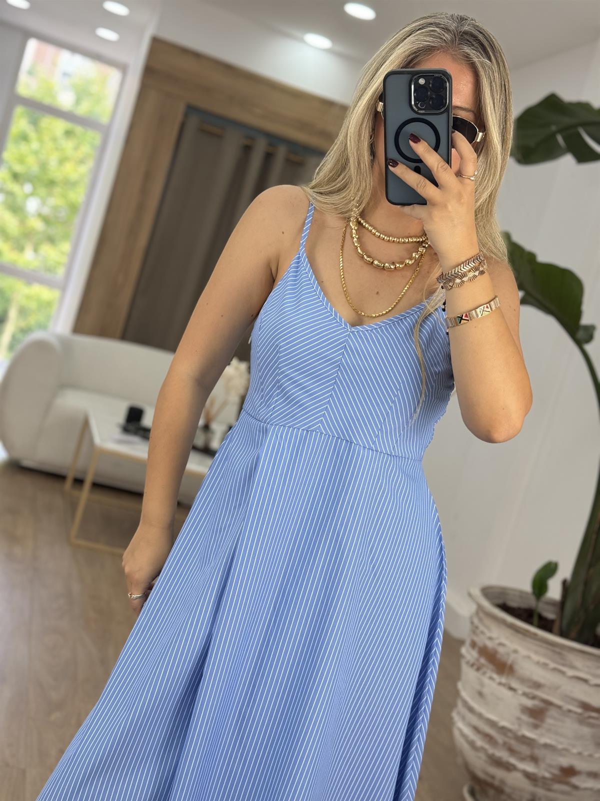 %100 Pamuk Çizgili Poplin Elbise