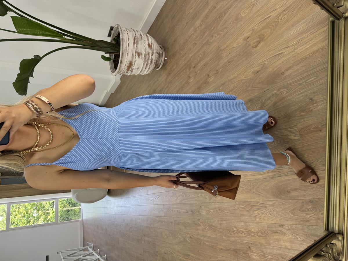 %100 Pamuk Çizgili Poplin Elbise