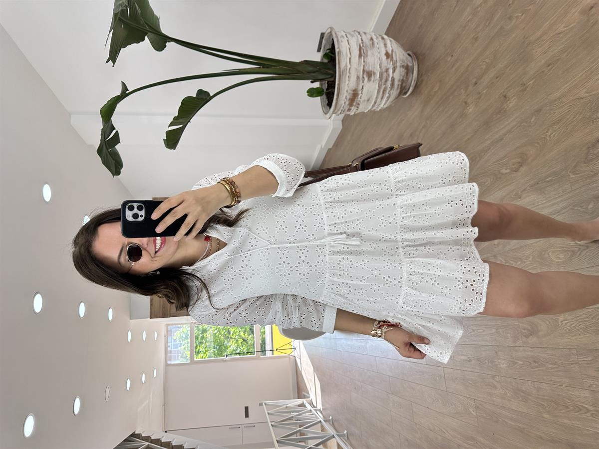 %100 Pamuk Fisto Elbise-Beyaz