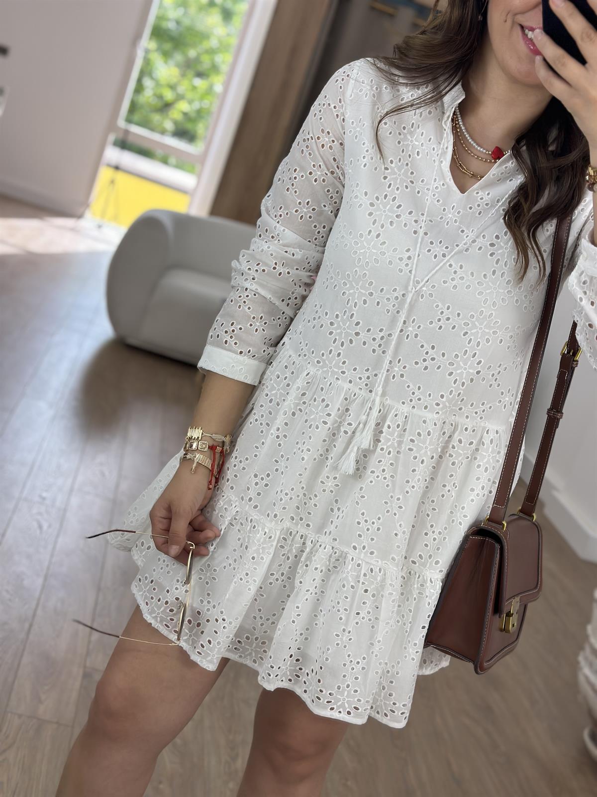 %100 Pamuk Fisto Elbise-Beyaz