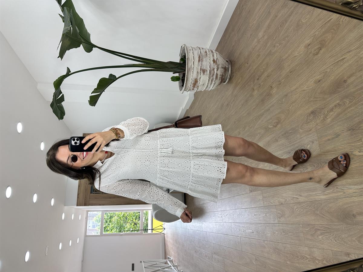 %100 Pamuk Fisto Elbise-Beyaz