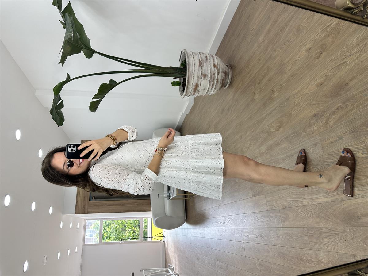 %100 Pamuk Fisto Elbise-Beyaz