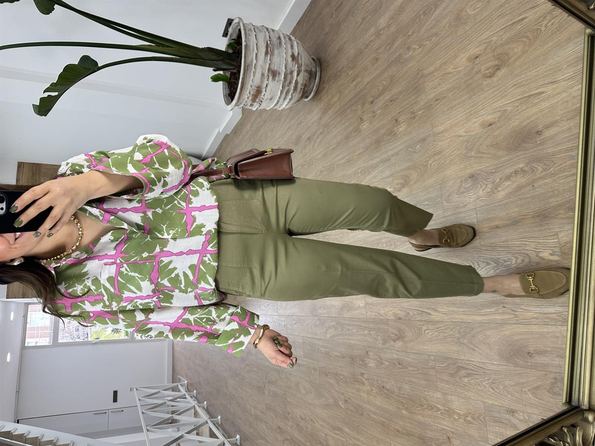 %100 Pamuk Flatolu Pantolon-Haki