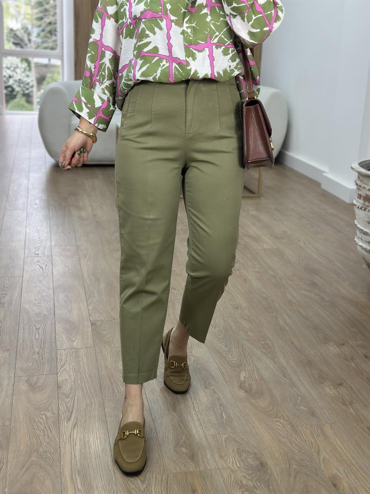 %100 Pamuk Flatolu Pantolon-Haki