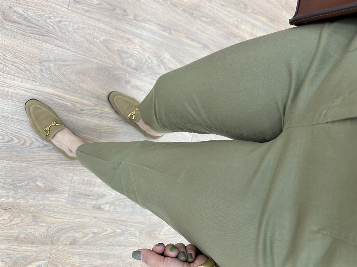 %100 Pamuk Flatolu Pantolon-Haki