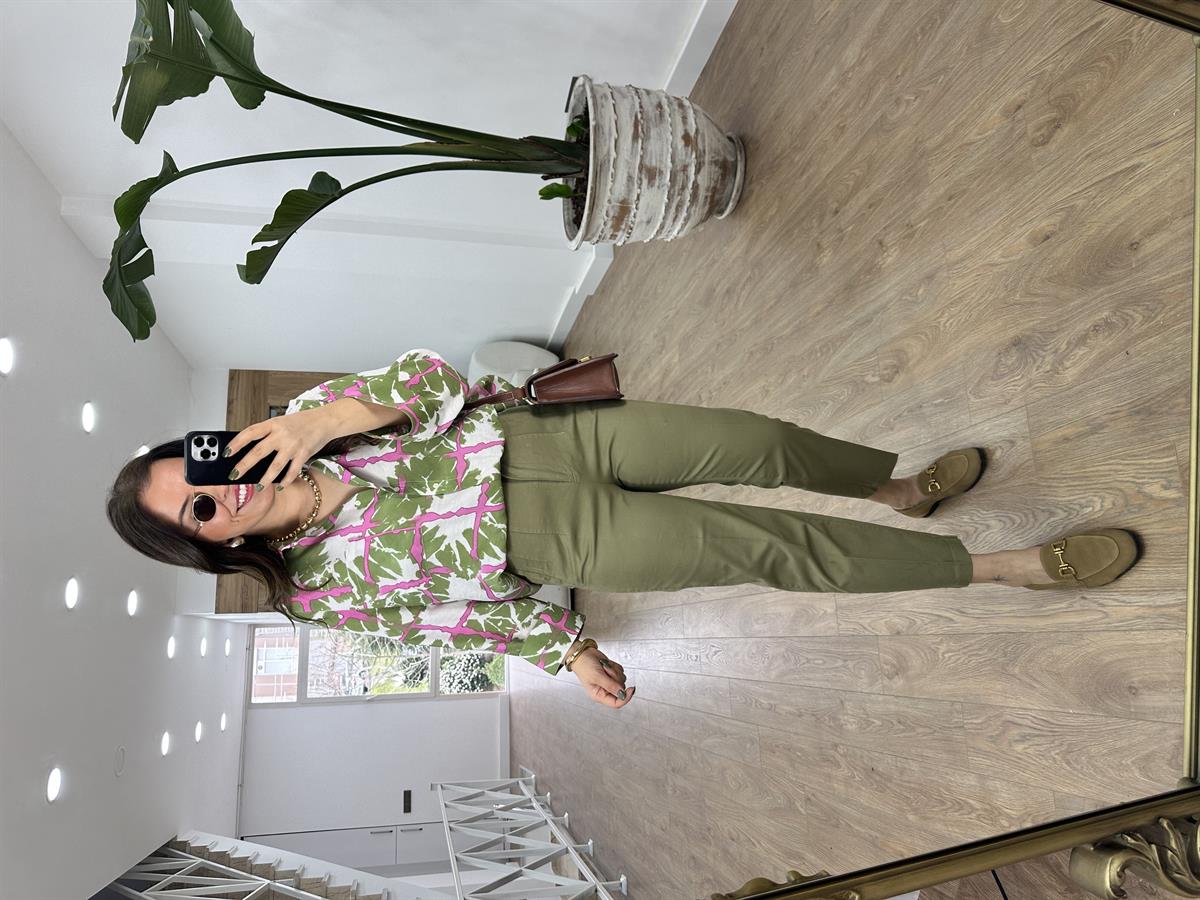 %100 Pamuk Flatolu Pantolon-Haki