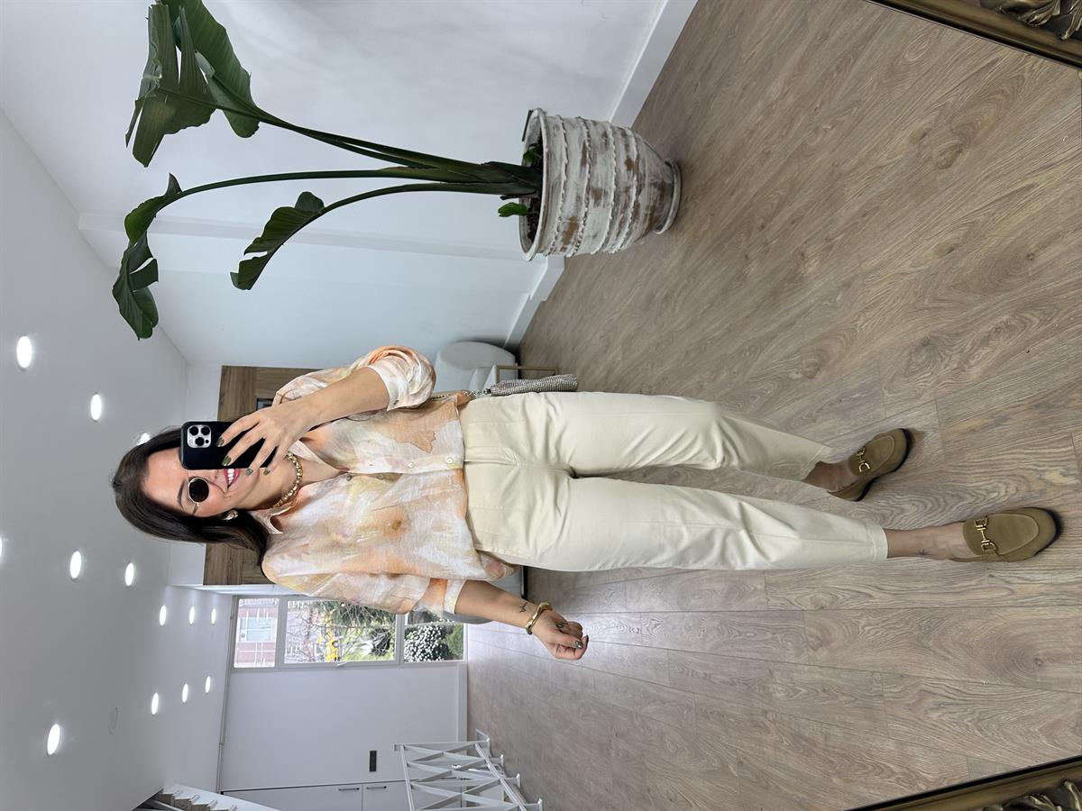 %100 Pamuk Flatolu Pantolon-Taş