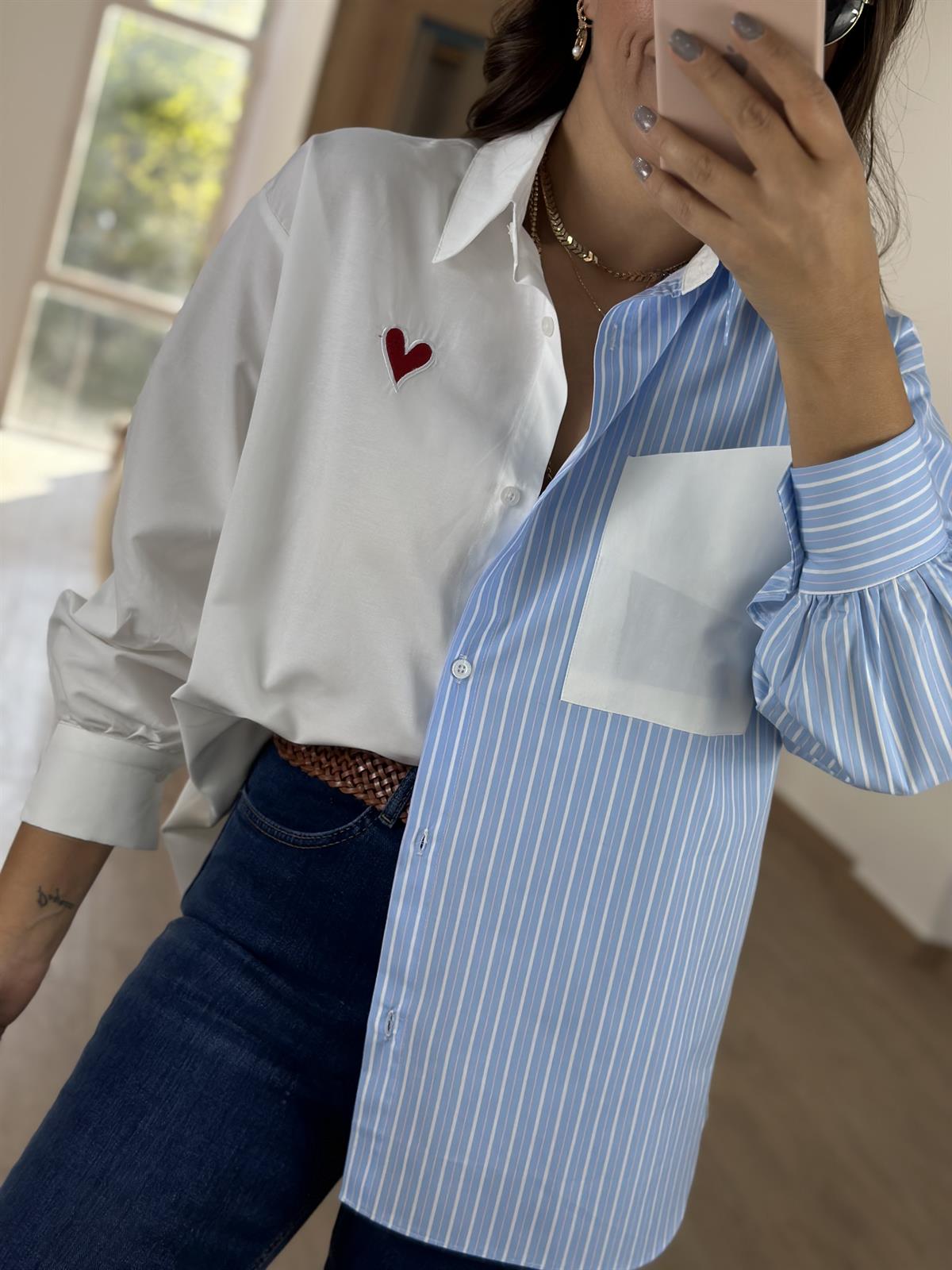 %100 Pamuk Kalp Nakışlı Tasarım Gömlek - Mavi 