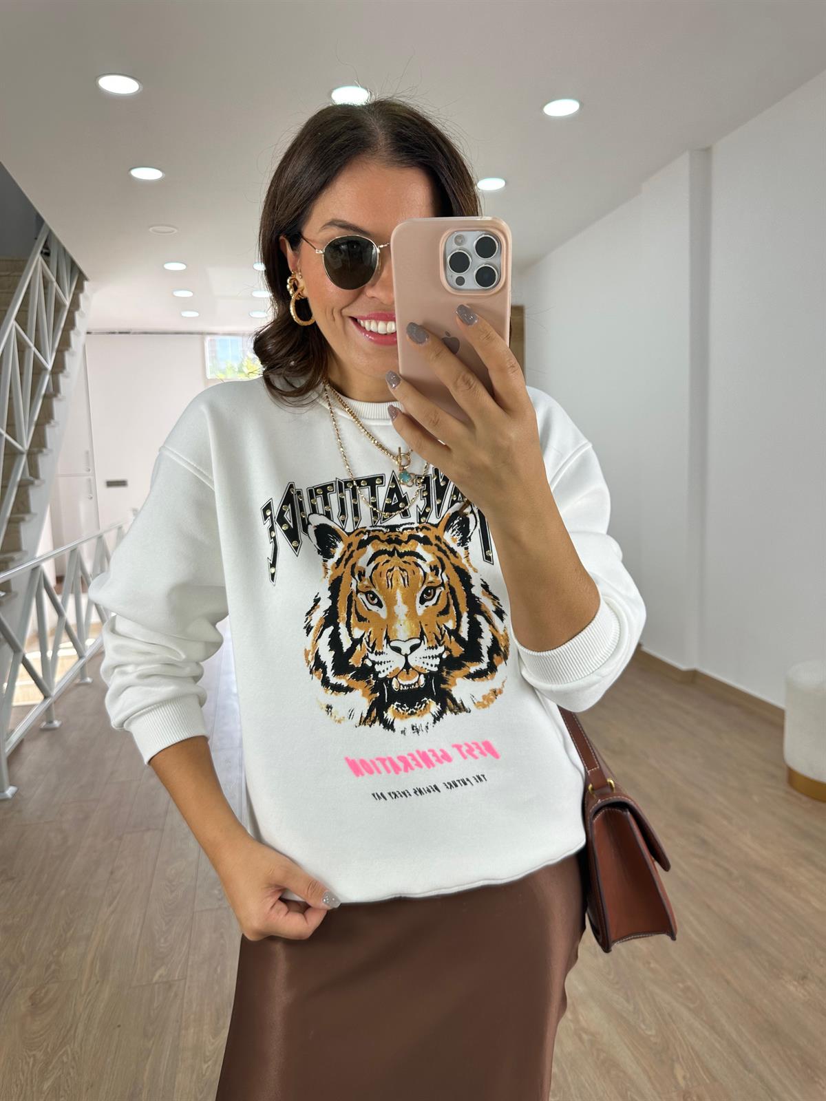 %100 Pamuk Kaplan Baskılı Sweatshirt