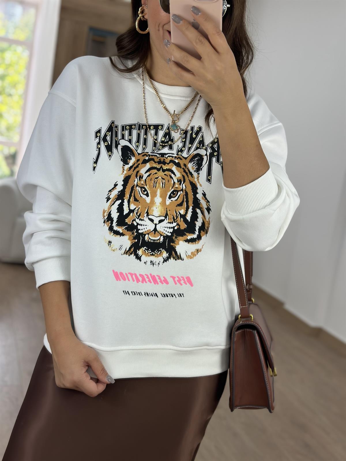 %100 Pamuk Kaplan Baskılı Sweatshirt