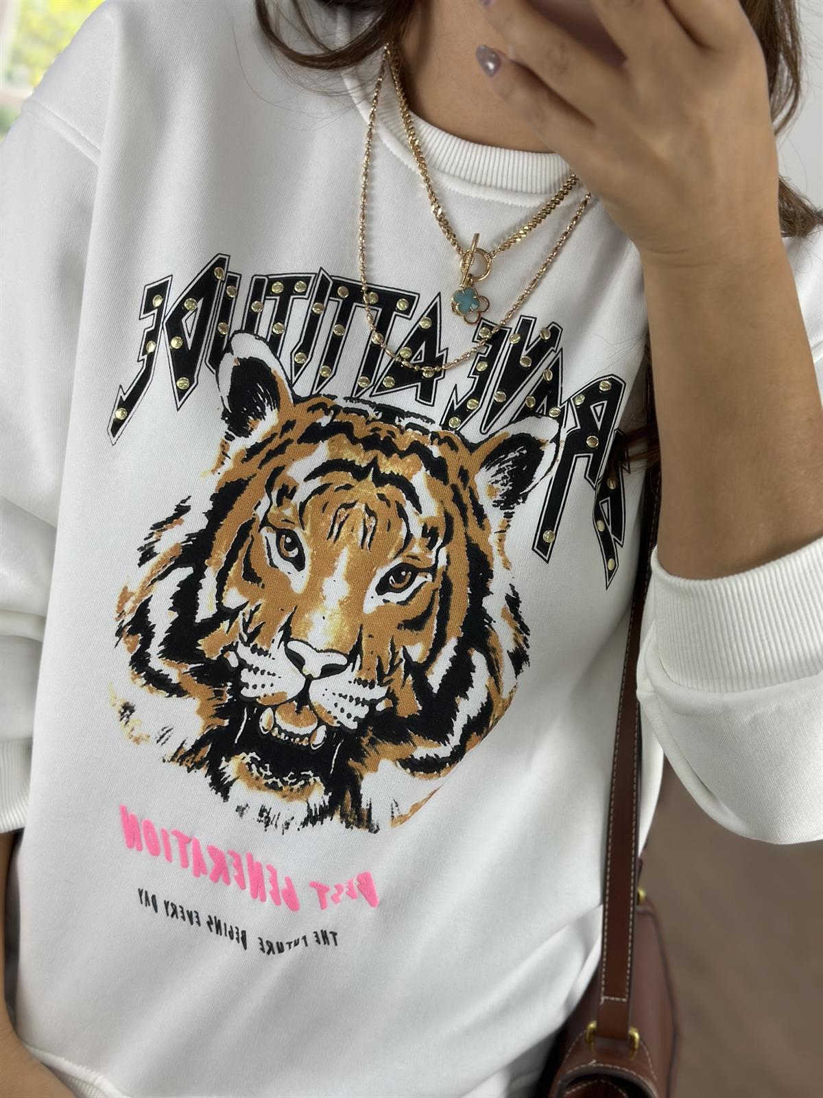 %100 Pamuk Kaplan Baskılı Sweatshirt