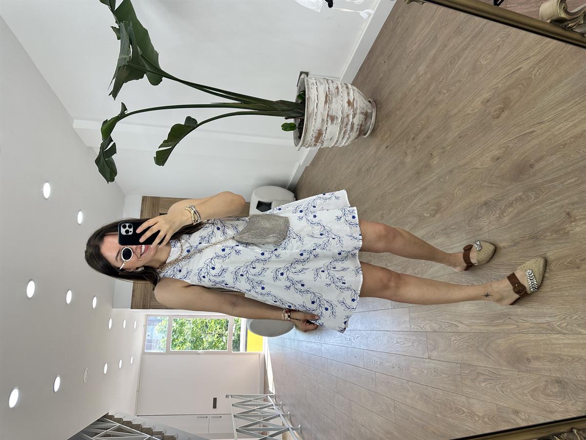 %100 Pamuk Komple Nakışlı Elbise-Mavi