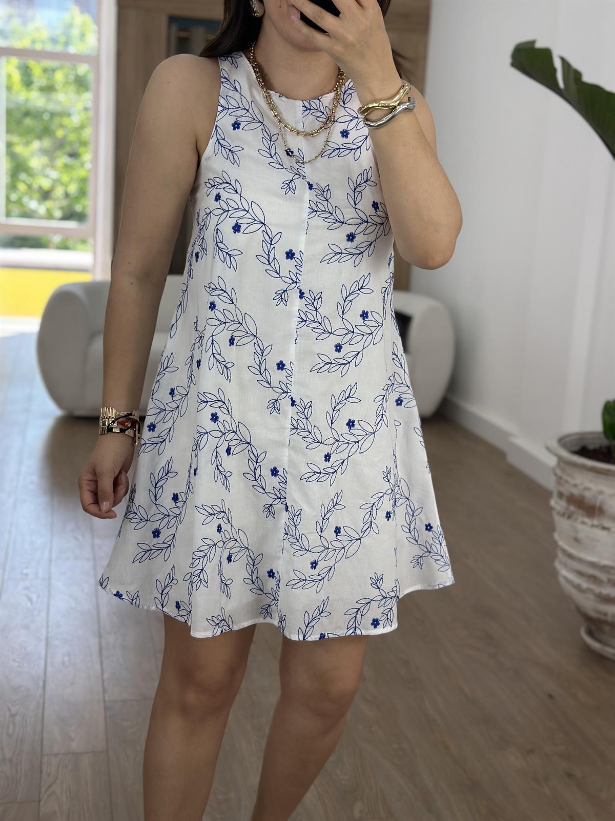 %100 Pamuk Komple Nakışlı Elbise-Mavi