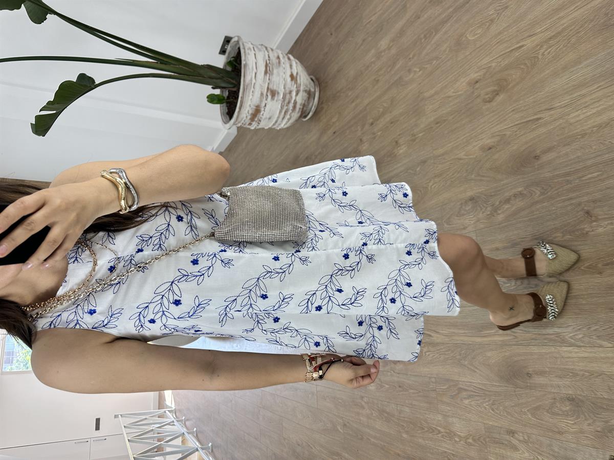 %100 Pamuk Komple Nakışlı Elbise-Mavi