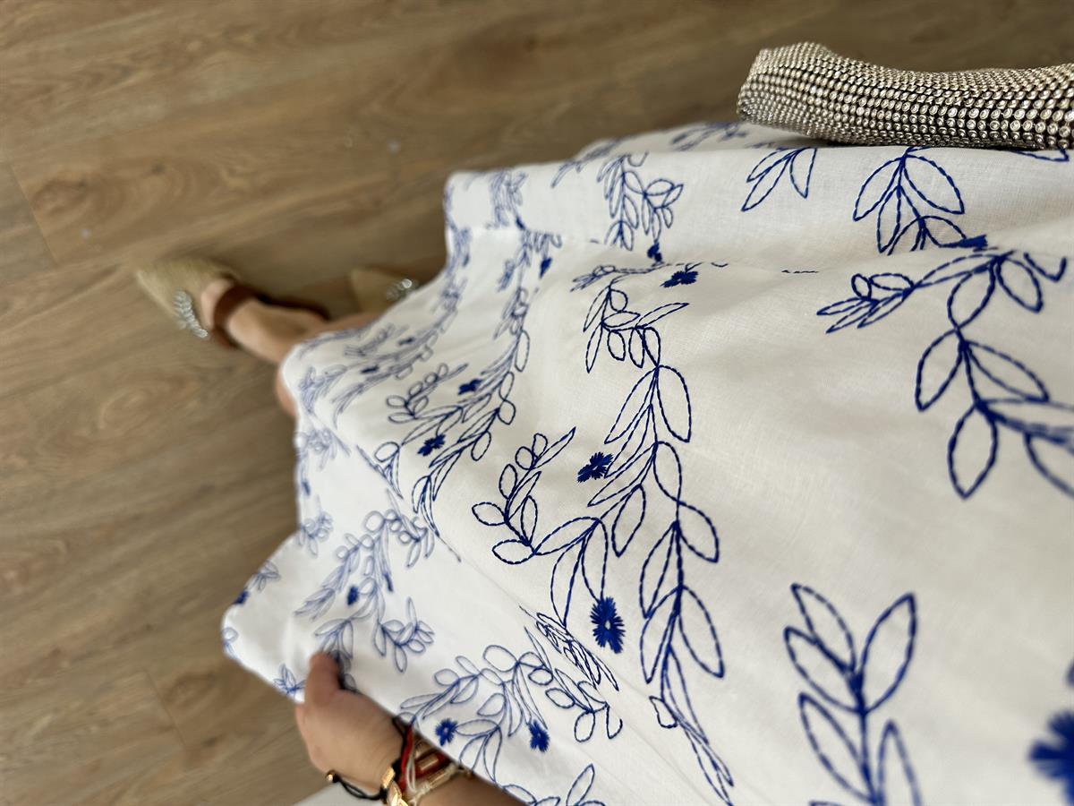 %100 Pamuk Komple Nakışlı Elbise-Mavi