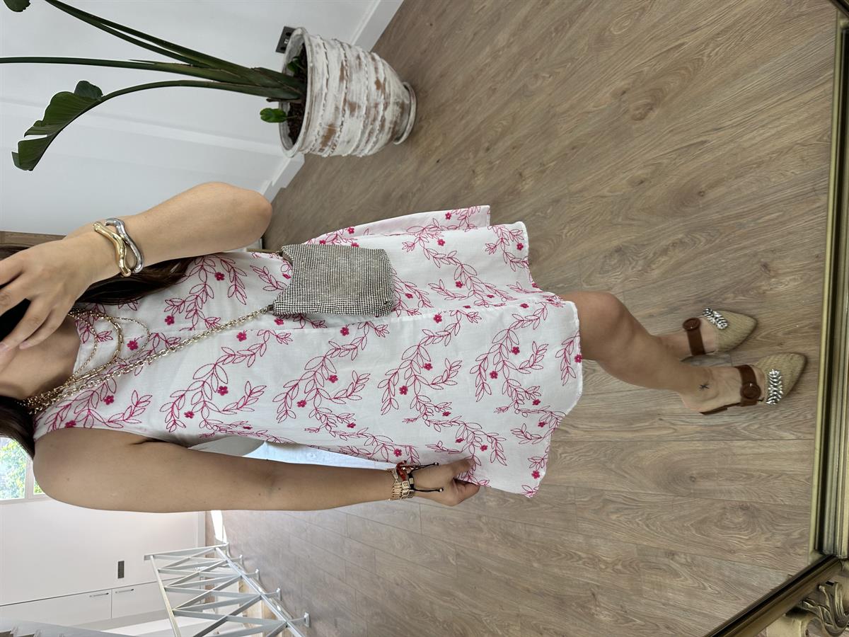 %100 Pamuk Komple Nakışlı Elbise-Pembe