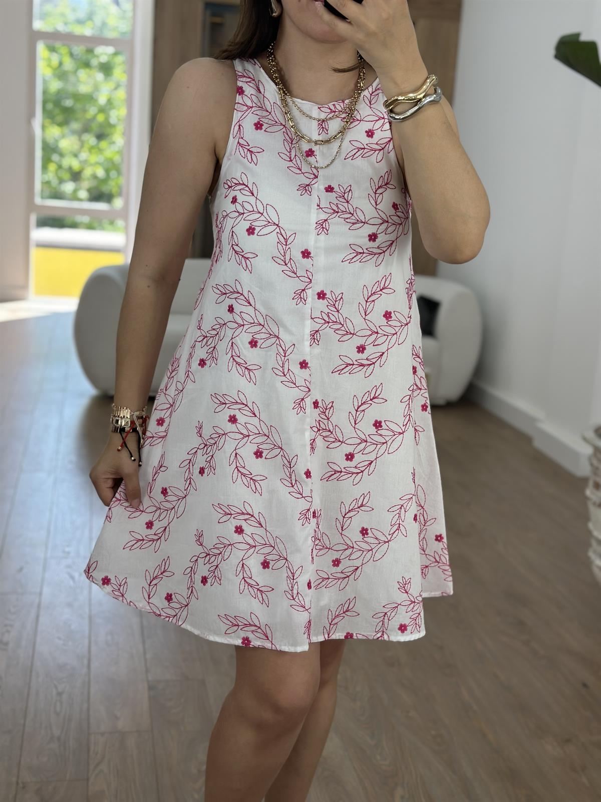 %100 Pamuk Komple Nakışlı Elbise-Pembe