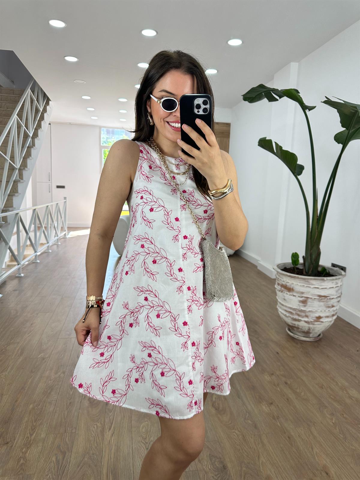 %100 Pamuk Komple Nakışlı Elbise-Pembe