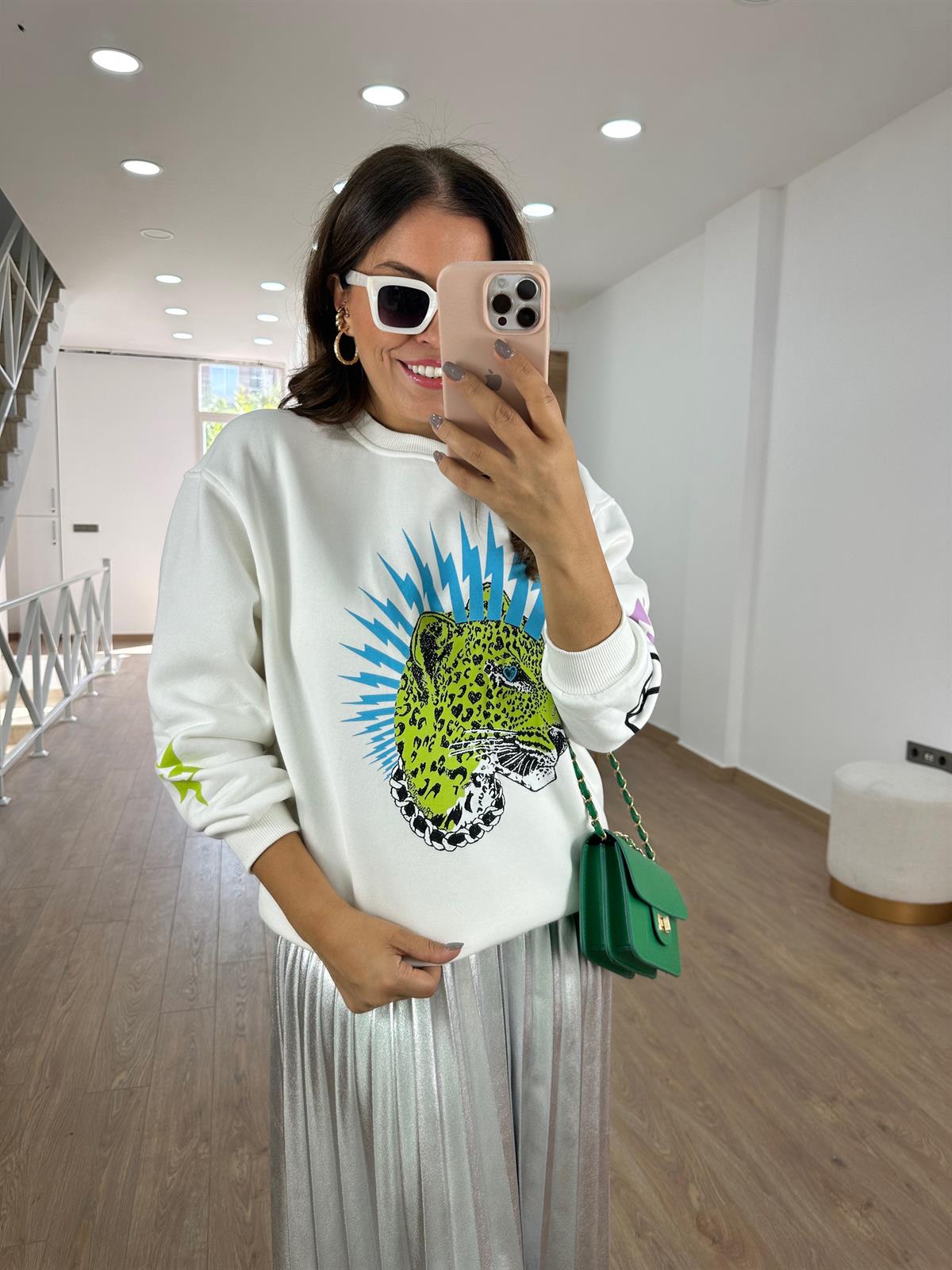 %100 Pamuk Leopar Baskılı Sweatshirt- Ekru