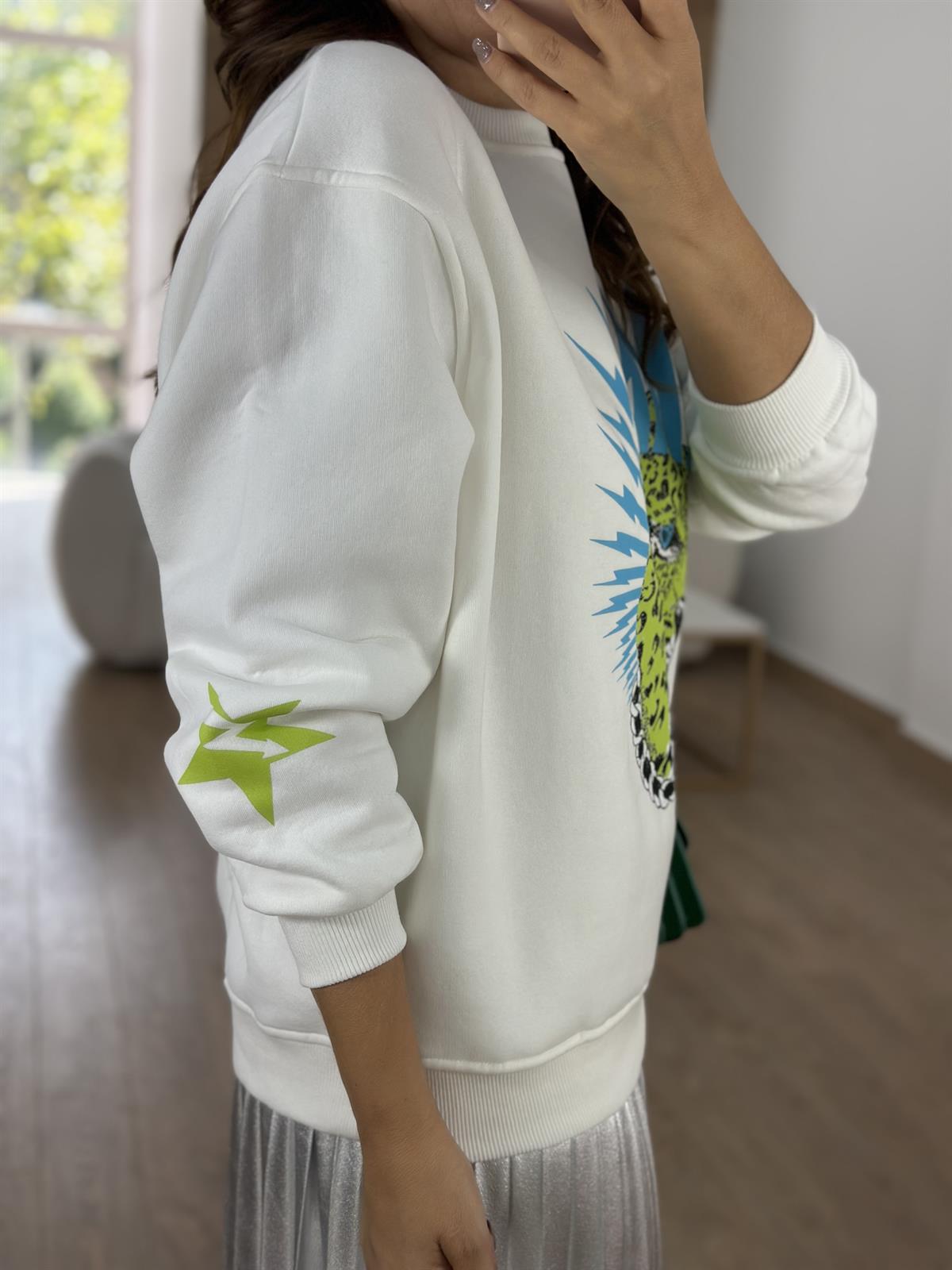 %100 Pamuk Leopar Baskılı Sweatshirt- Ekru