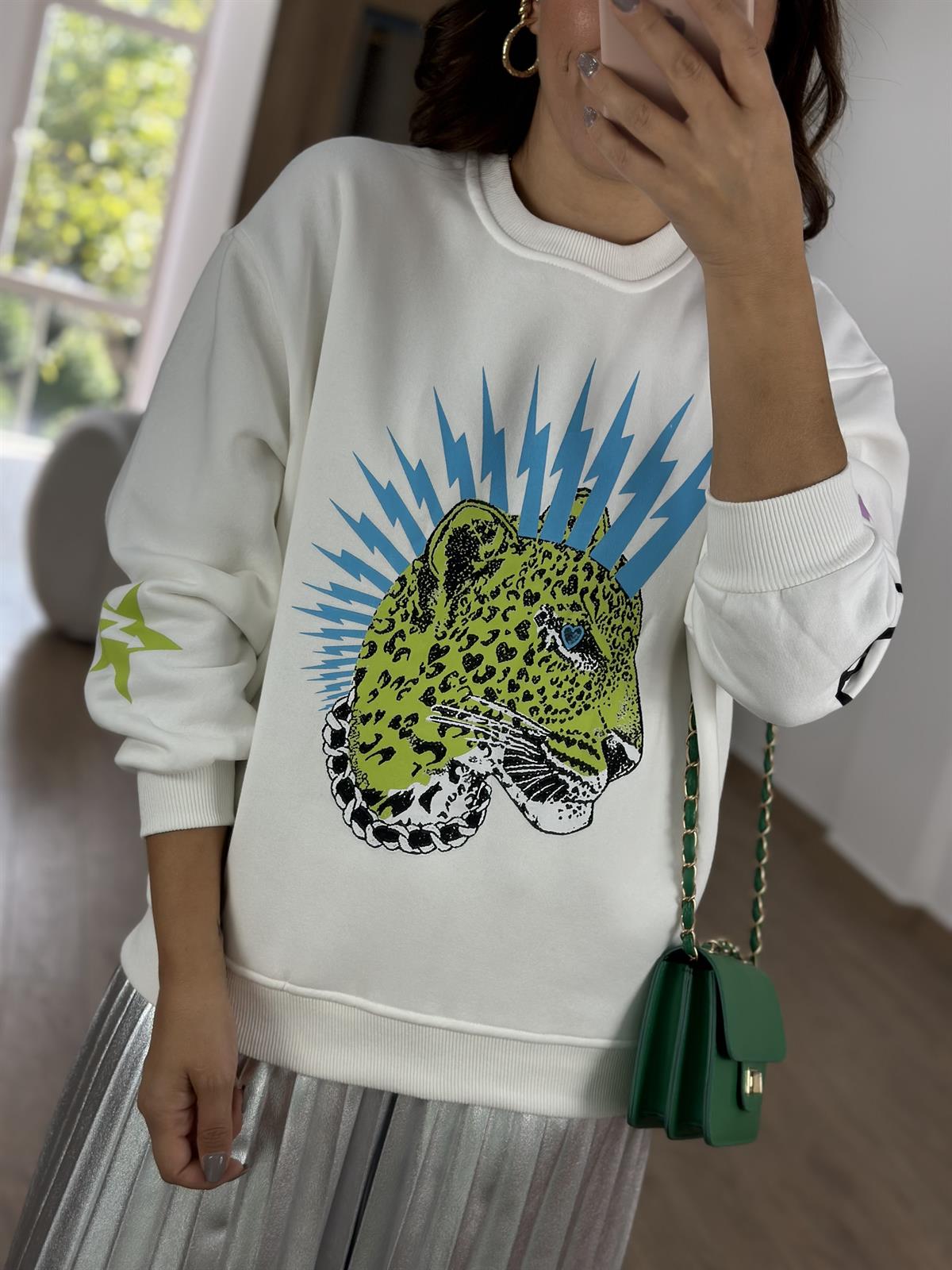 %100 Pamuk Leopar Baskılı Sweatshirt- Ekru