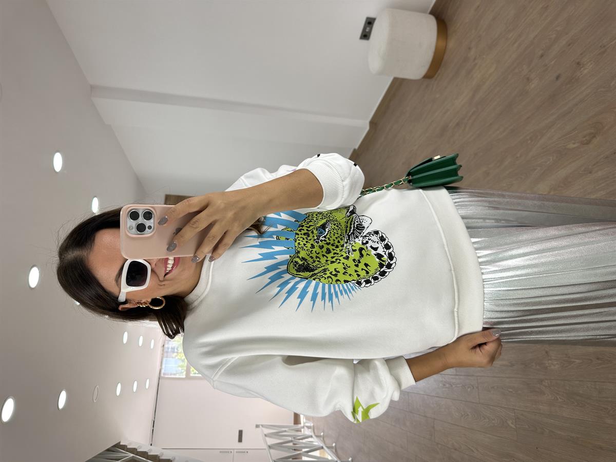 %100 Pamuk Leopar Baskılı Sweatshirt- Ekru