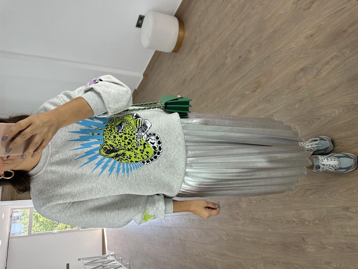 %100 Pamuk Leopar Baskılı Sweatshirt-Gri