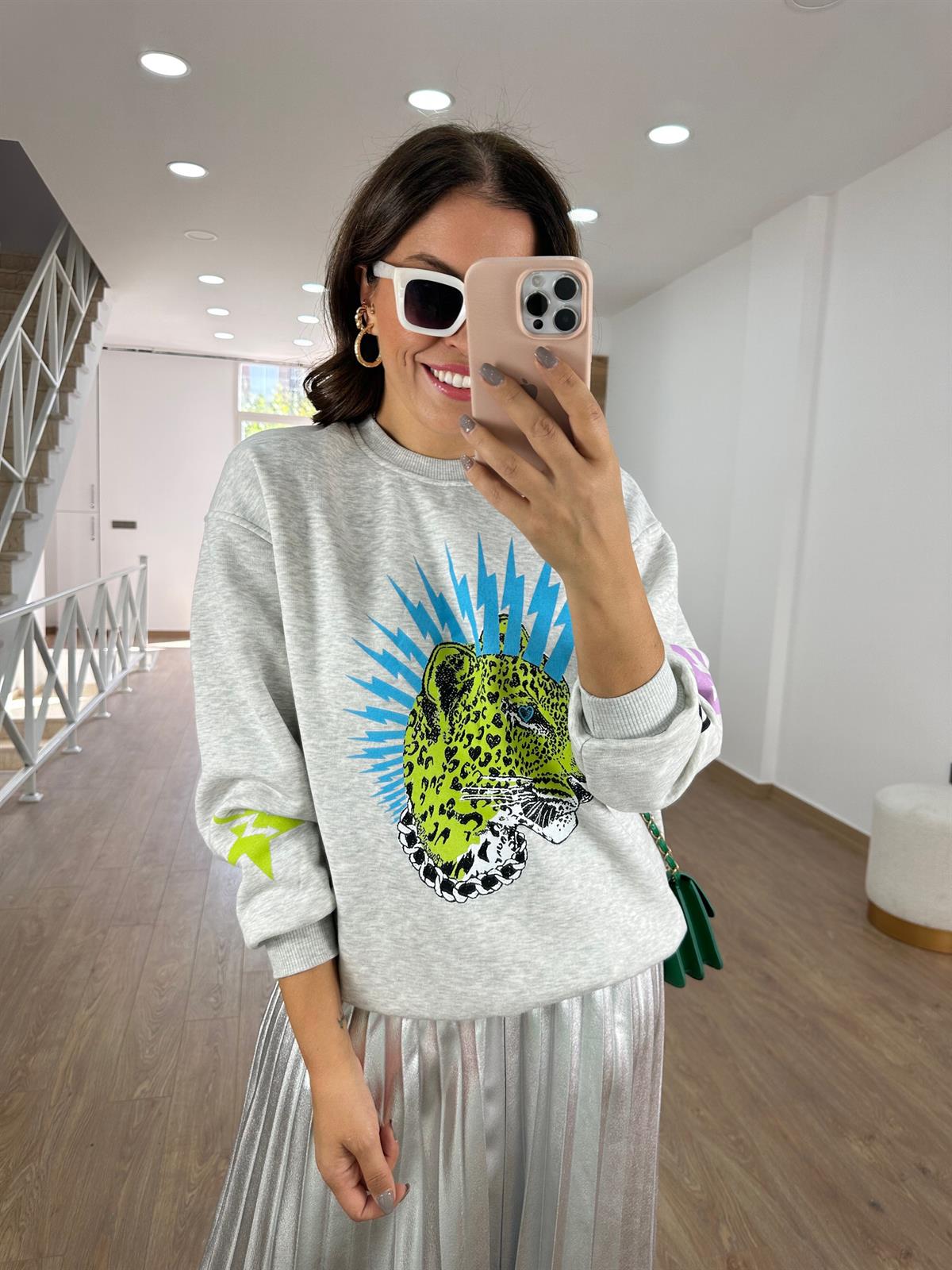 %100 Pamuk Leopar Baskılı Sweatshirt-Gri