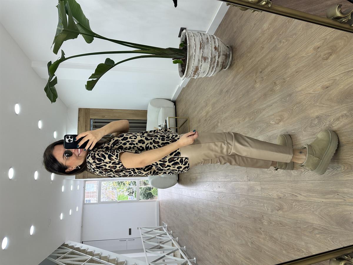 %100 Pamuk Leopar Desen Tshirt-Bej-Siyah