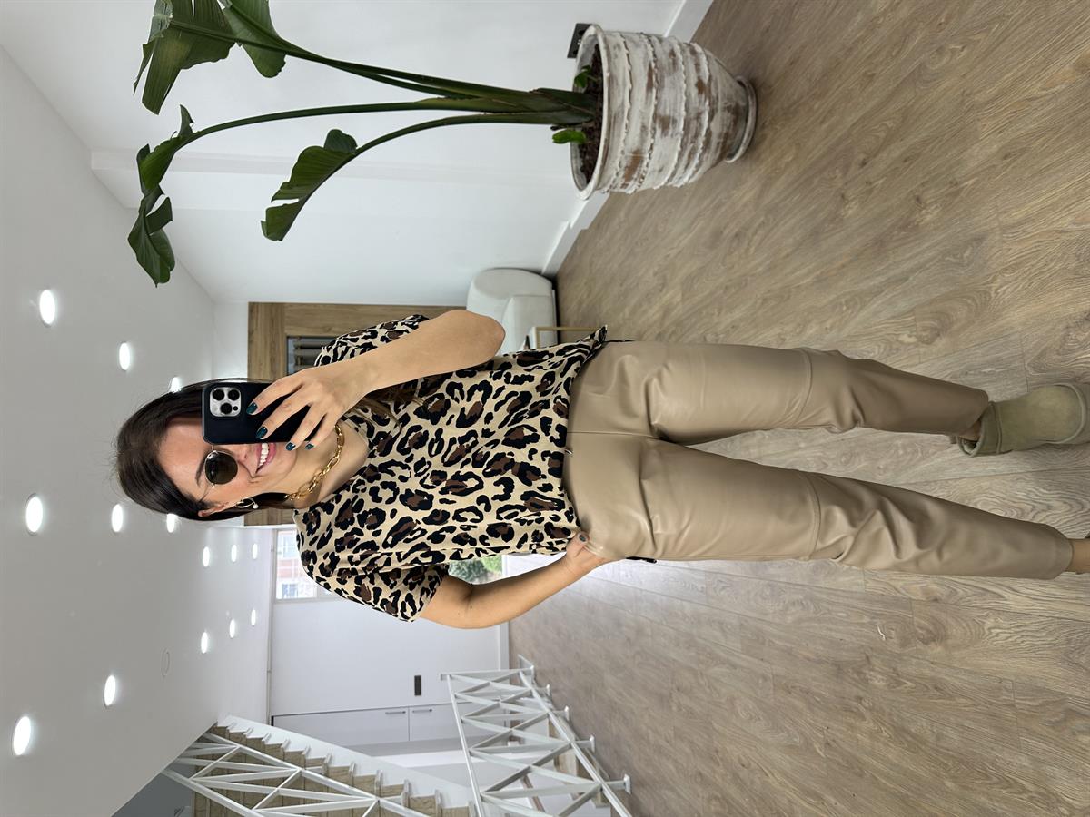 %100 Pamuk Leopar Desen Tshirt-Bej-Siyah