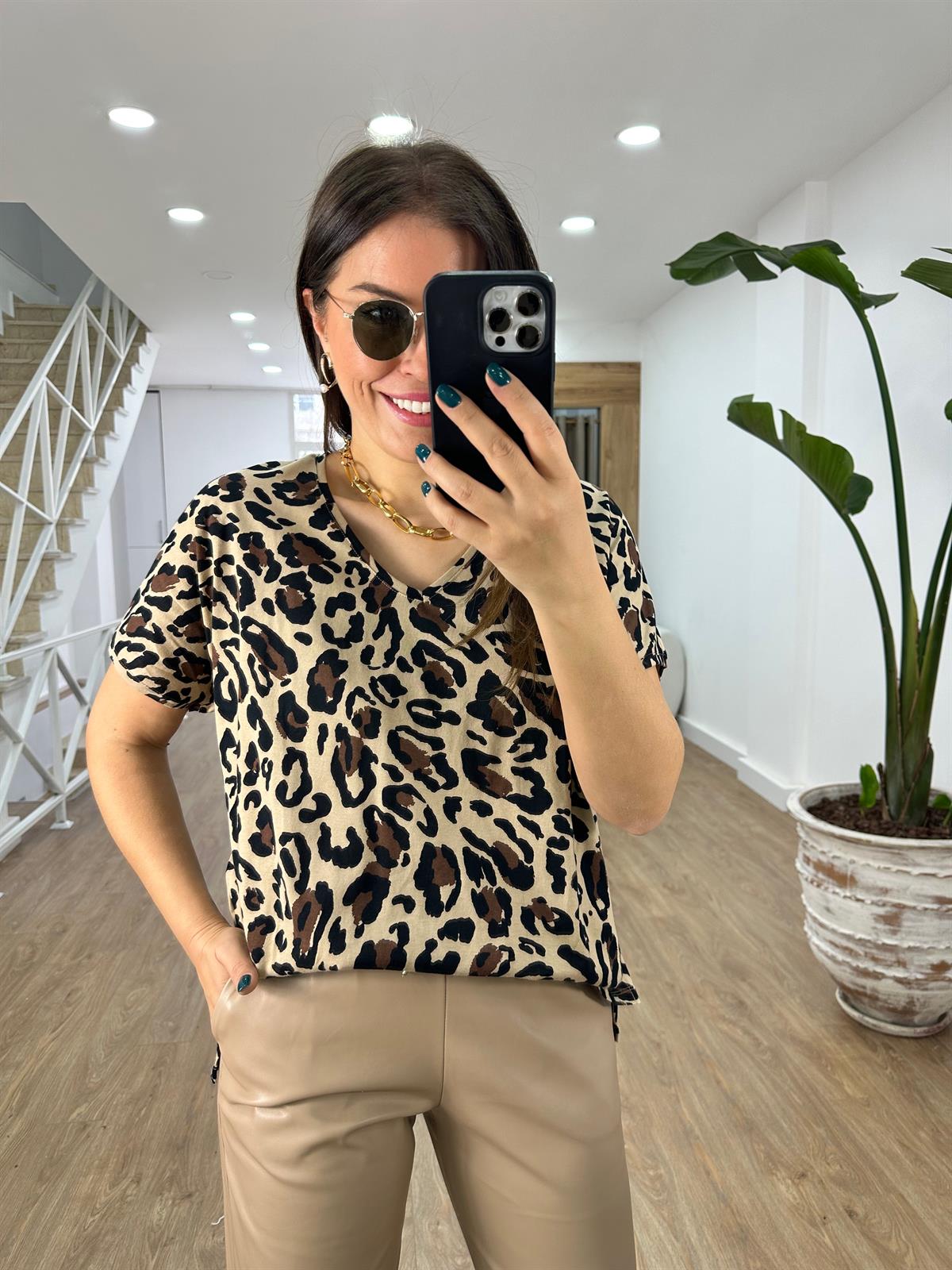%100 Pamuk Leopar Desen Tshirt-Bej-Siyah