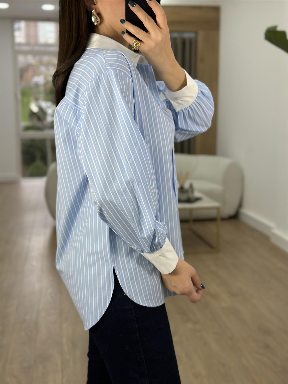 %100 Pamuk Mavi Çizgili Tasarım Gömlek