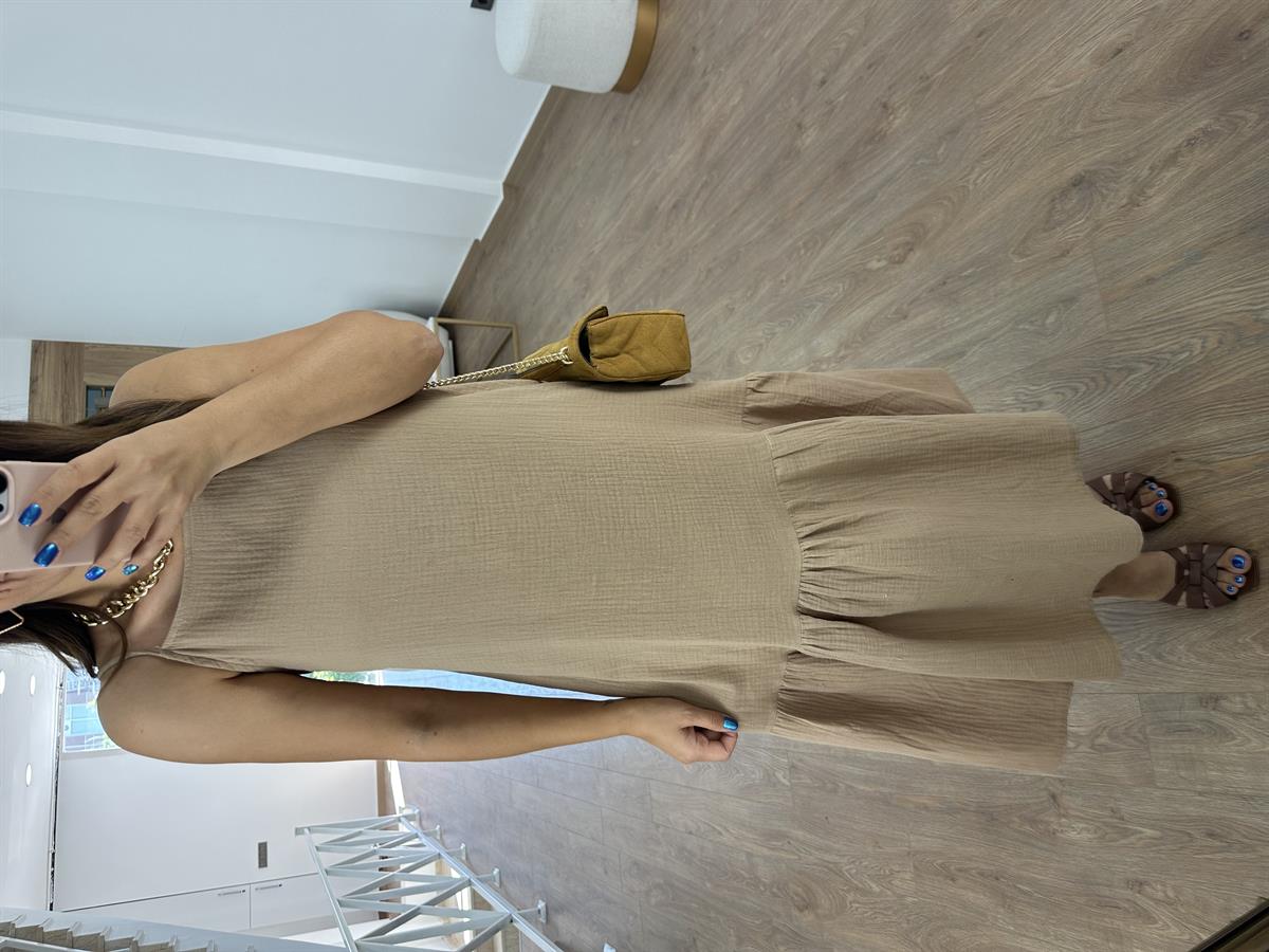 %100 Pamuk Müsli Kumaş Elbise - Camel 