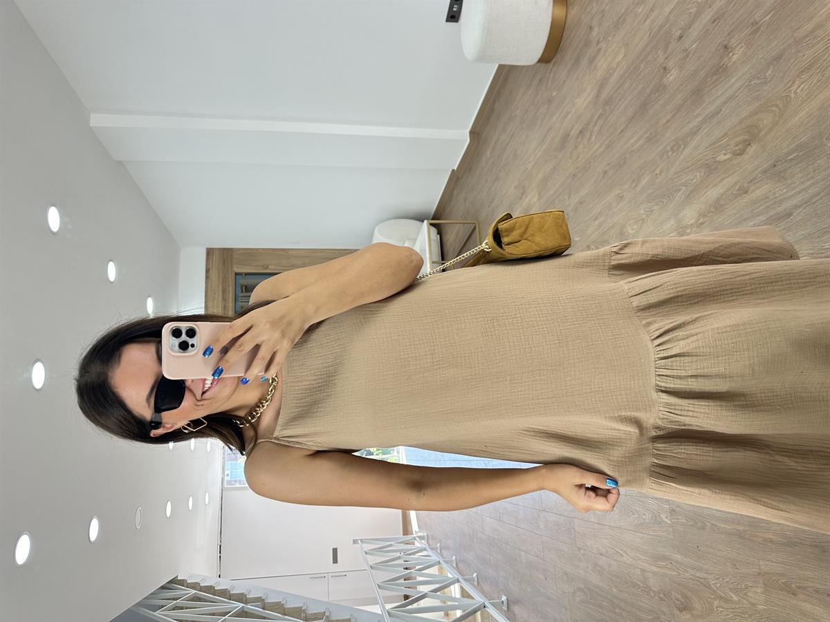 %100 Pamuk Müsli Kumaş Elbise - Camel 