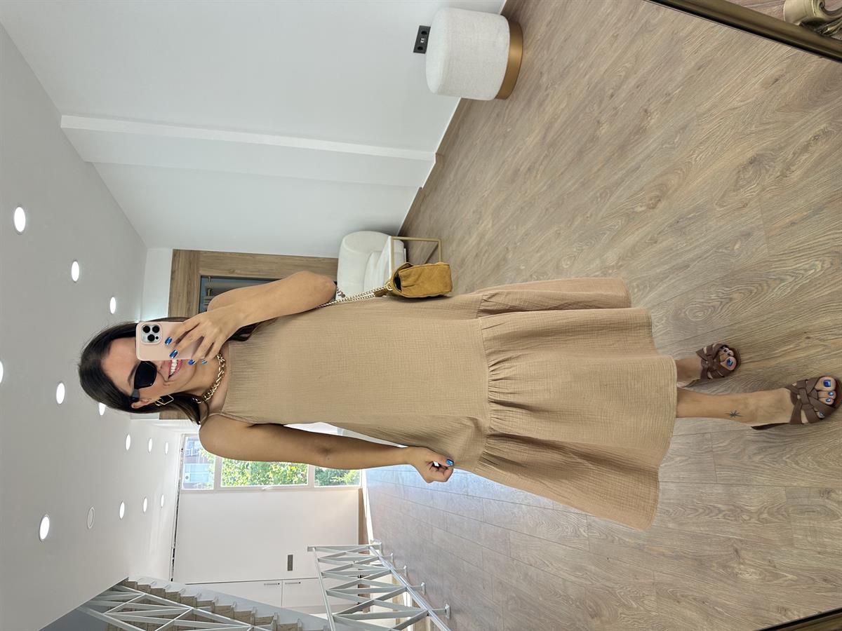 %100 Pamuk Müsli Kumaş Elbise - Camel 