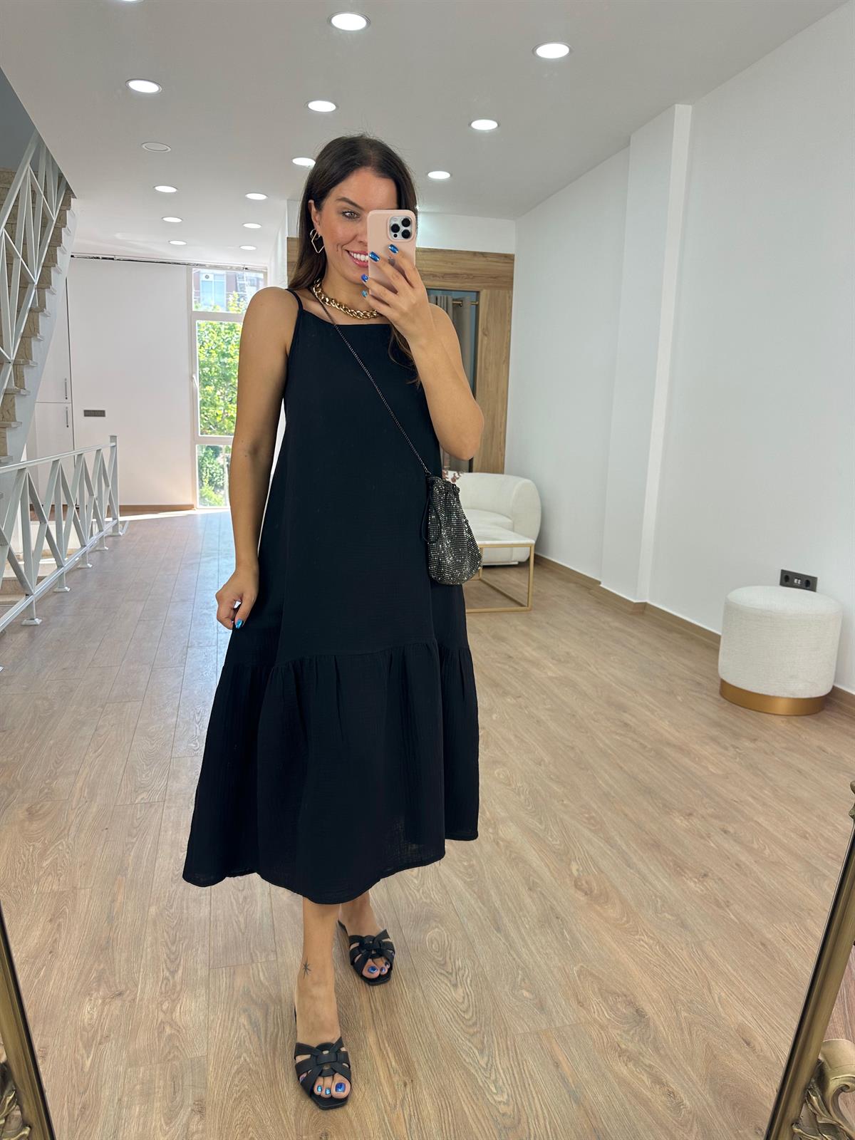 %100 Pamuk Müsli Kumaş Elbise- Siyah