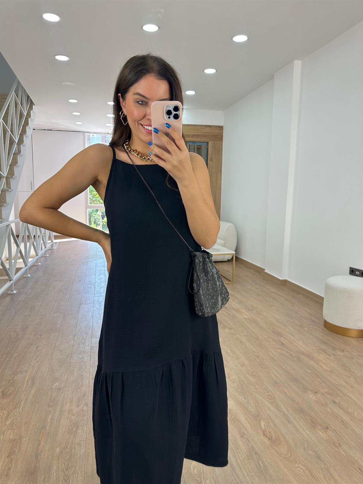 %100 Pamuk Müsli Kumaş Elbise- Siyah