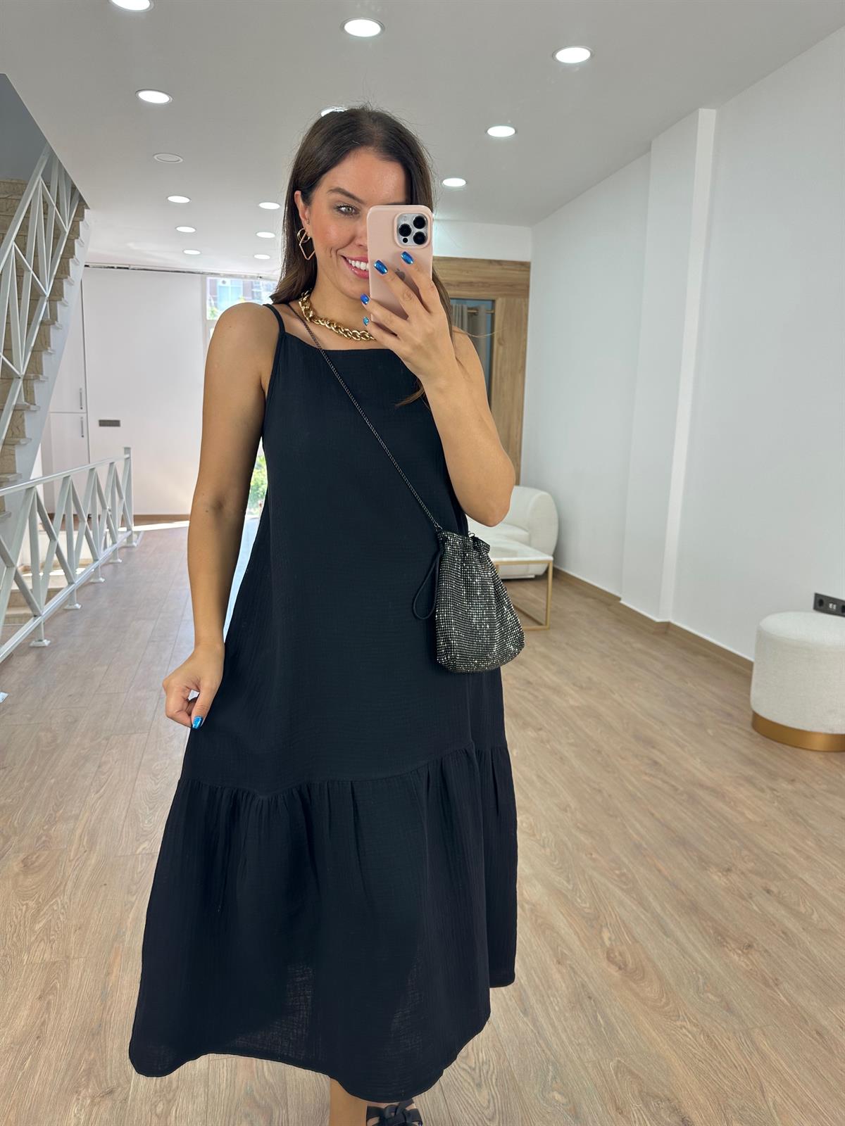 %100 Pamuk Müsli Kumaş Elbise- Siyah