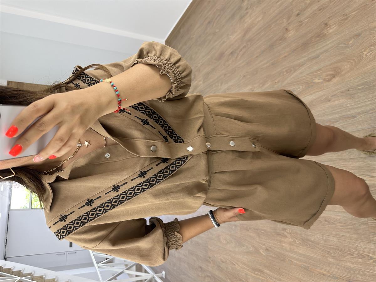 %100 Pamuk Nakışlı Yarım Kol Tulum Kahve