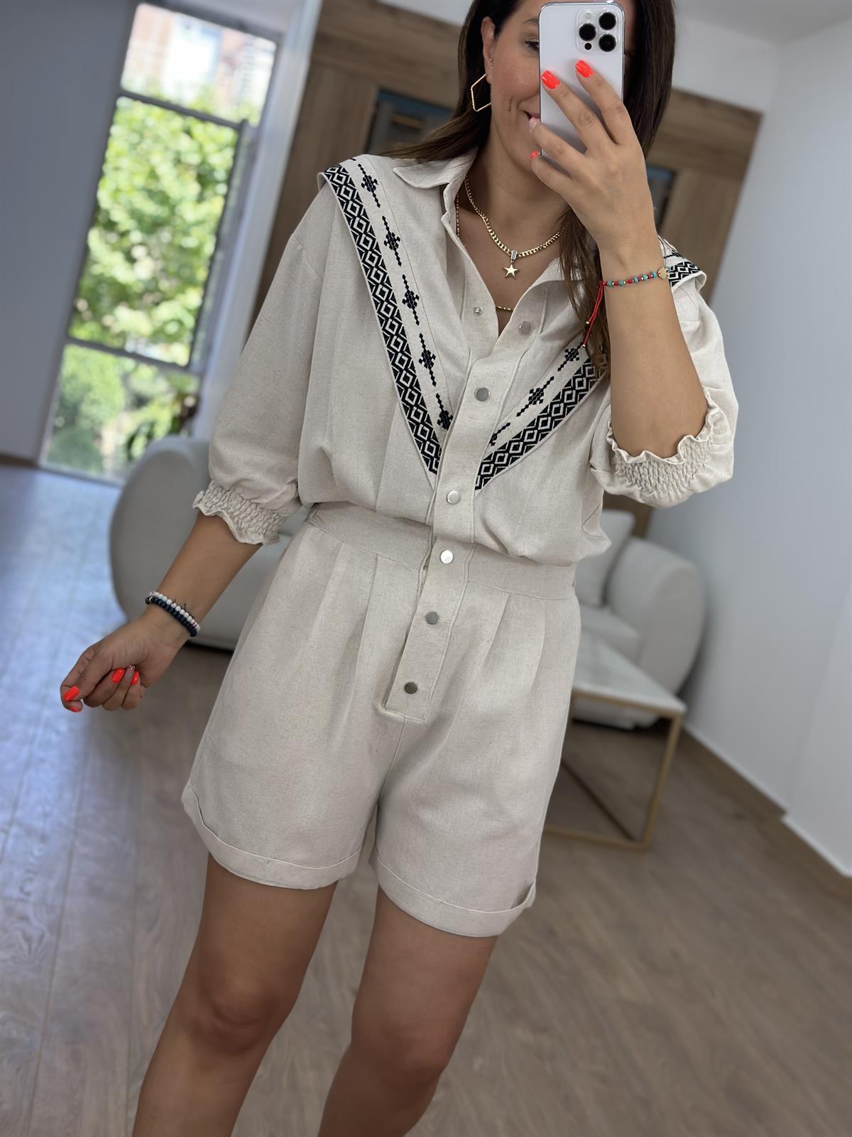 %100 Pamuk Nakışlı Yarım Kol Tulum Taş