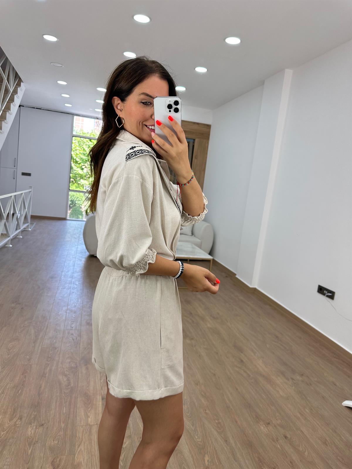 %100 Pamuk Nakışlı Yarım Kol Tulum Taş