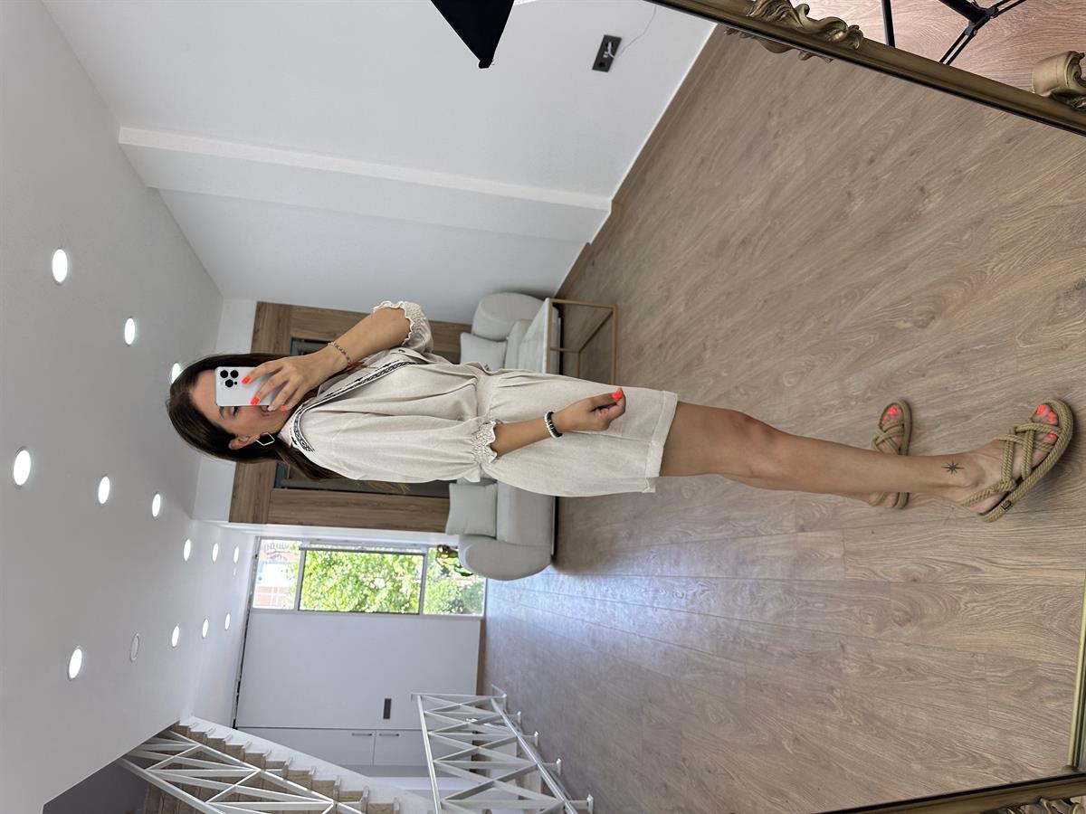 %100 Pamuk Nakışlı Yarım Kol Tulum Taş