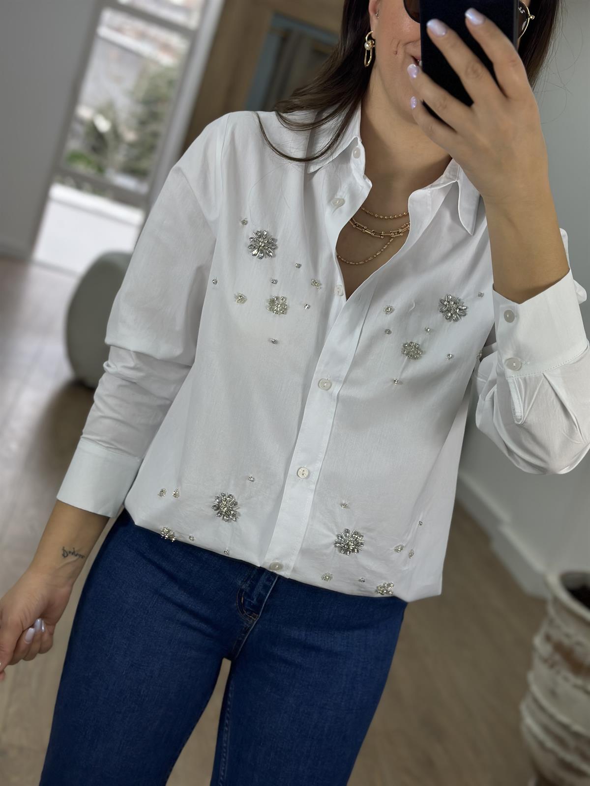 %100 Pamuk Taş İşlemeli Gömlek