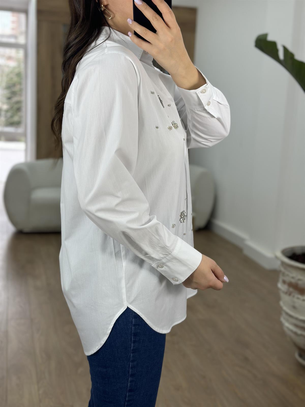 %100 Pamuk Taş İşlemeli Gömlek