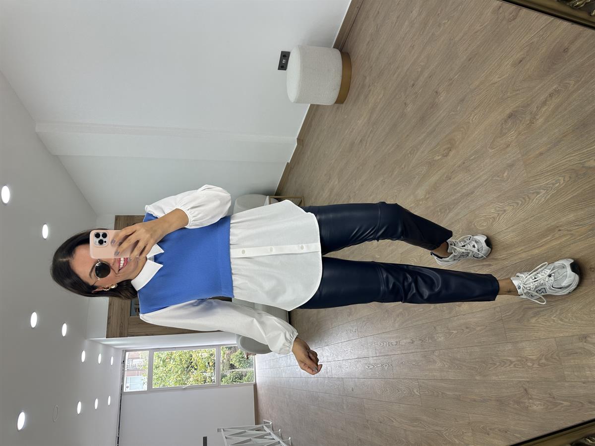 %100 Pamuk Triko Detaylı Gömlek-Mavi